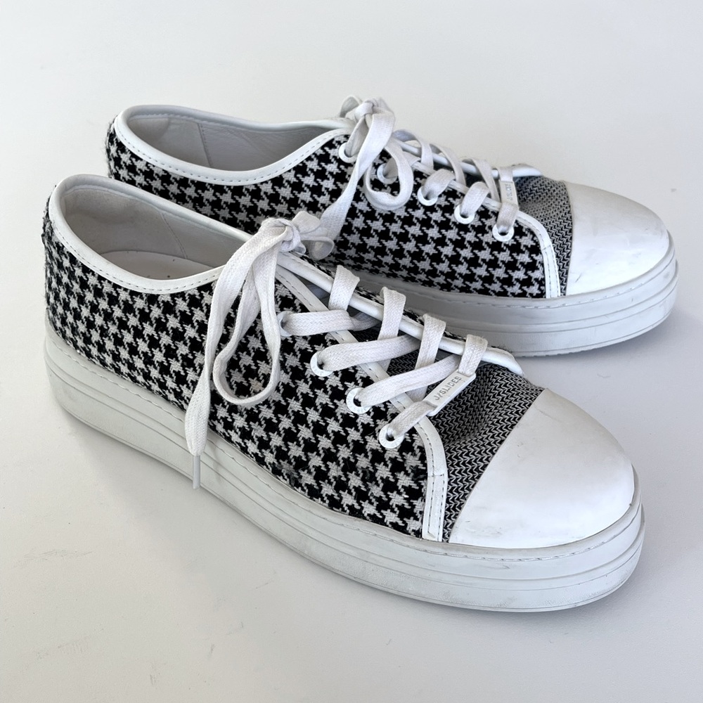 J/Slides Nate Black/White Embroidery Platform Sneakers Houndstooth Size 9.5